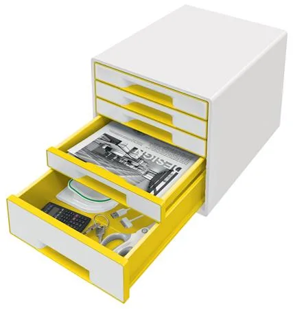 Zásuvkový box, plastový, 5 zásuviek, LEITZ "Wow Cube", biela/žltá 2
