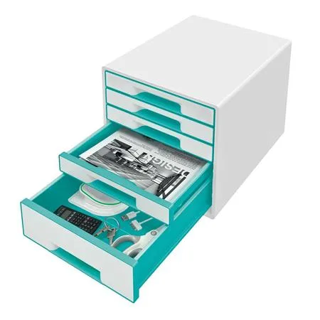 Zásuvkový box na dokumenty, plastový, 5 zásuviek, LEITZ "Wow Cube", biely/ľadovo modrý 2