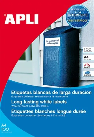 Etikety, 64,6x33,8 mm, polyester, odolné voči poveternostným podmienkam, biela, APLI, 2400 etikiet/bal 2