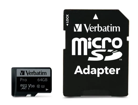 Pamäťová karta, microSDXC, 64 GB, CL10/U3, 90/45 MB/s, s adaptérom, VERBATIM "PRO" 2