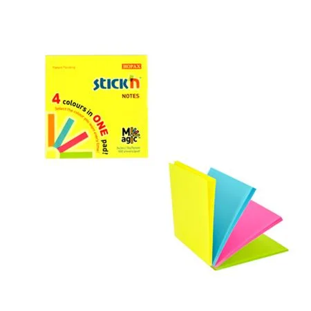 Samolepiaci poznámkový blok, 76x76 mm, 100 listov, STICK N "Magic Pad", neónové farby 6