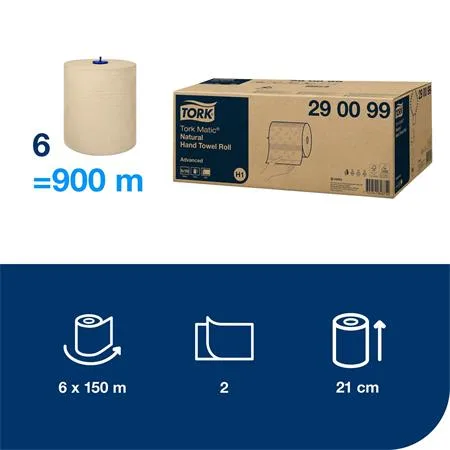 Papierové utierky, v kotúči, 2-vrstvové, H1 systém, Advanced, TORK "Matic", prírodná 3