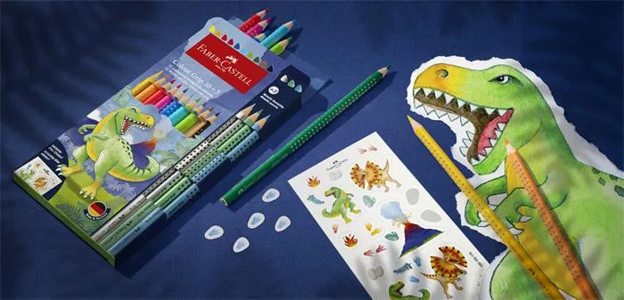 Farebné ceruzky, sada, trojhranné, FABER-CASTELL "Grip Dinosaurus" 10+3 rôznych farieb 3