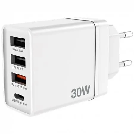 Sieťová nabíjačka, 1xUSB-C PD (20W), USB-A QC 3.0, 2xUSB-A (10W), VERBATIM, biela 2