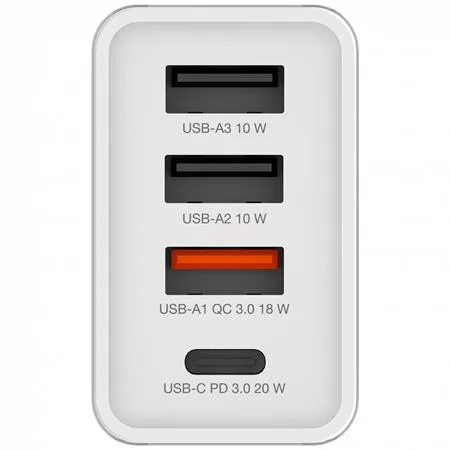 Sieťová nabíjačka, 1xUSB-C PD (20W), USB-A QC 3.0, 2xUSB-A (10W), VERBATIM, biela 3