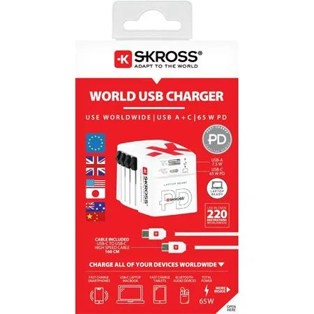 Sieťová nabíjačka pre cestovateľov, 1× USB-A, 1× USB-C PD, 65 W, USB-C kábel, SKROSS 5