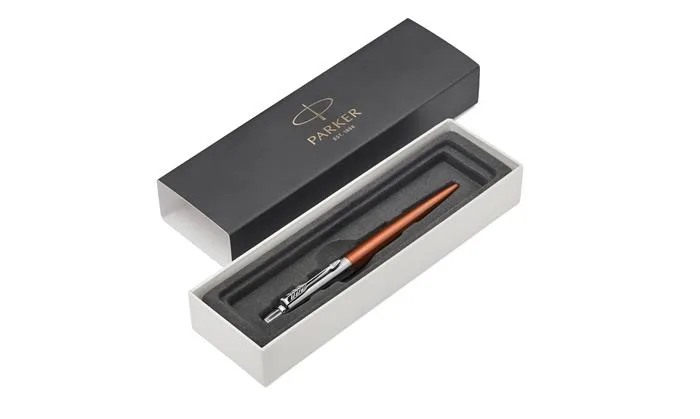 Guľôčkové pero, 0,7 mm, strieborný klip, Chelsea oranžové telo pera, PARKER, "Royal Jotter", modré 2