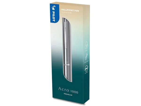 Guľôčkové pero, 0,32 mm, stláčací mechanizmus, strieborné telo, PILOT "Acro 1000", modré 2