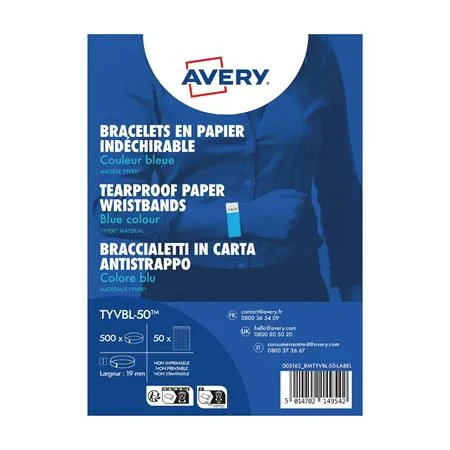 Identifikačný náramok, odolný proti roztrhnutiu,, 265x19 mm, AVERY ZWECKFORM "Tyvek", modrý