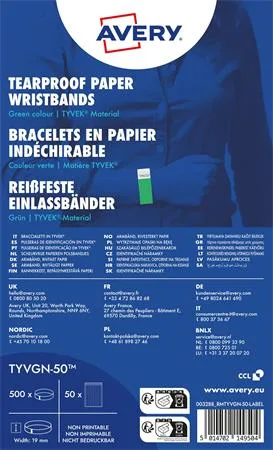 Identifikačný náramok, odolný proti roztrhnutiu,, 265x19 mm, AVERY ZWECKFORM "Tyvek", zelený