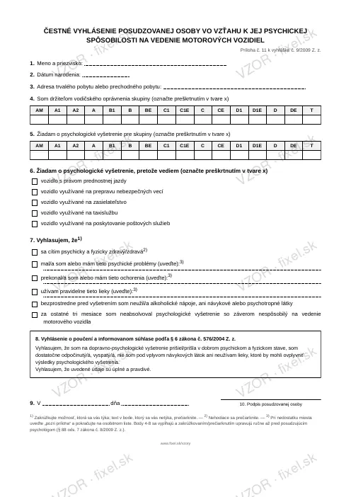 Čestné vyhlásenie o psychickej spôsobilosti na vedenie vozidla (pre psychológa) — PDF na stiahnutie
