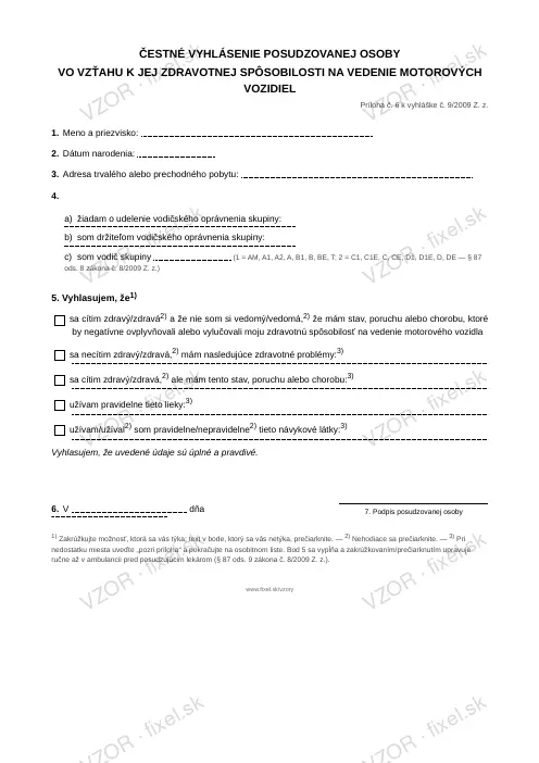 Čestné vyhlásenie o zdravotnej spôsobilosti na vedenie vozidla (pre lekára) — PDF na stiahnutie