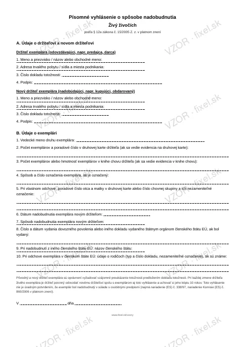 CITES — vyhlásenie o nadobudnutí živého živočícha — PDF na stiahnutie