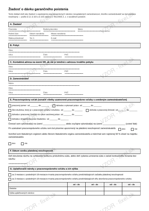 Žiadosť o dávku garančného poistenia — PDF na stiahnutie