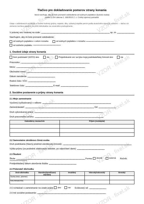 Dokladovanie pomerov pre oslobodenie od súdnych poplatkov (FO) — PDF na stiahnutie