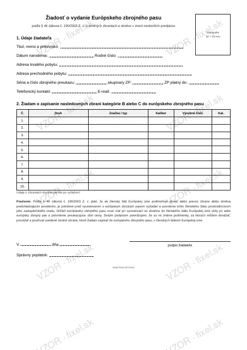 Žiadosť o vydanie Európskeho zbrojného pasu — PDF na stiahnutie