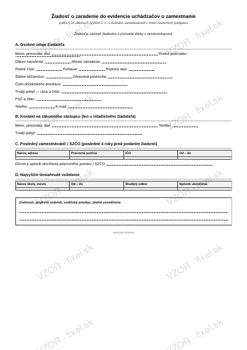 Žiadosť o zaradenie do evidencie uchádzačov o zamestnanie — PDF na stiahnutie