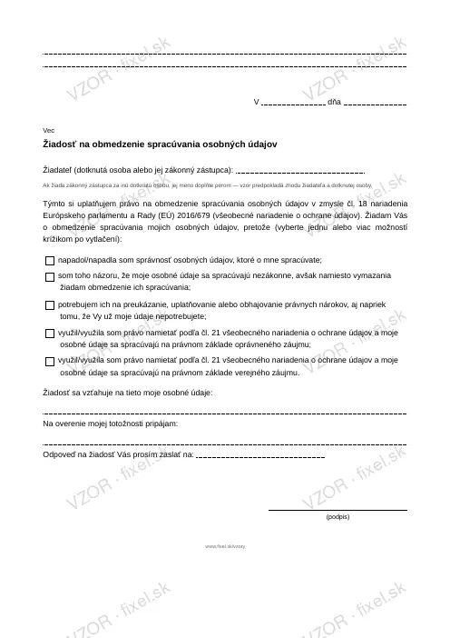 Žiadosť na obmedzenie spracúvania osobných údajov — PDF na stiahnutie