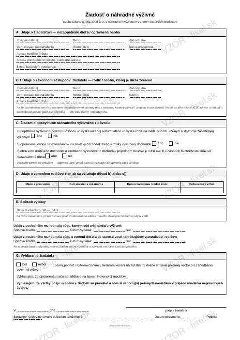 Žiadosť o náhradné výživné — PDF na stiahnutie