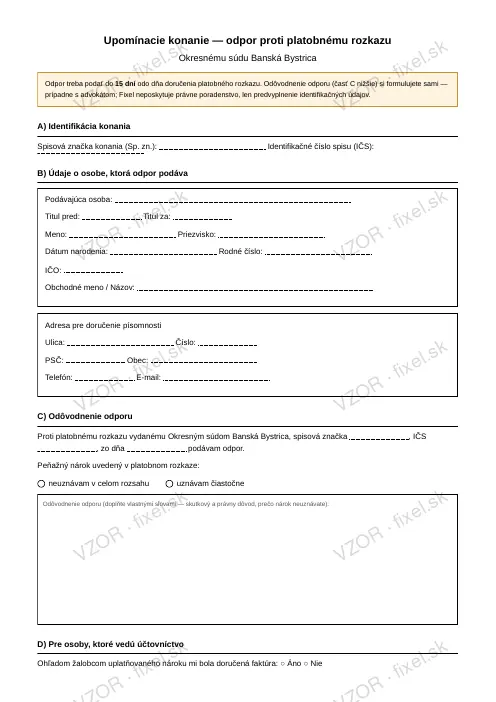Odpor proti platobnému rozkazu (upomínacie konanie) — PDF na stiahnutie