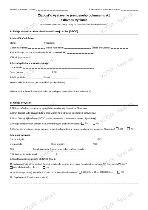 Žiadosť o prenosný dokument A1 pre SZČO vyslanú do zahraničia — PDF na stiahnutie