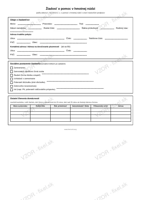 Žiadosť o pomoc v hmotnej núdzi — PDF na stiahnutie