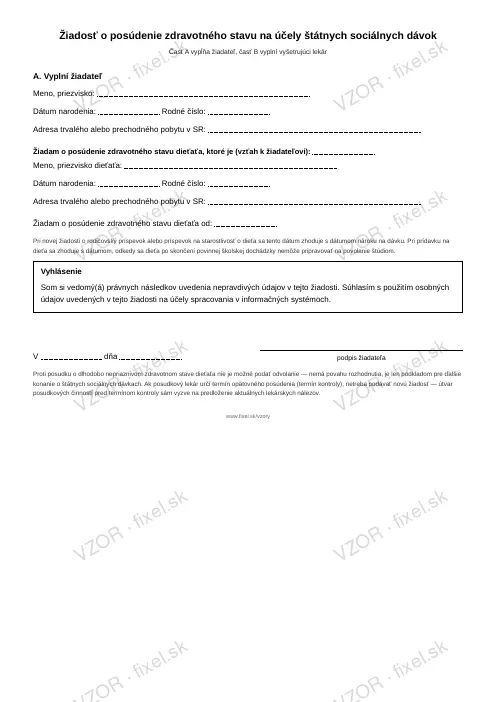 Žiadosť o posúdenie zdravotného stavu dieťaťa pre štátne sociálne dávky — PDF na stiahnutie