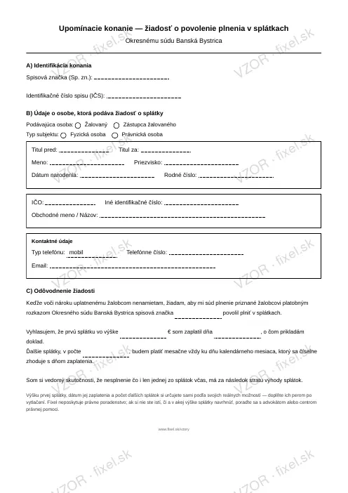 Návrh na povolenie plnenia v splátkach (upomínacie konanie) — PDF na stiahnutie