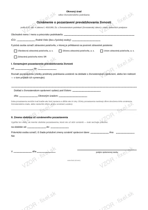 Oznámenie o pozastavení prevádzkovania živnosti — PDF na stiahnutie