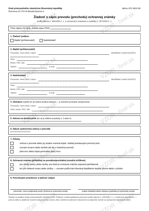 Žiadosť o zápis prevodu (prechodu) ochrannej známky — PDF na stiahnutie