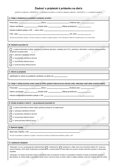 Žiadosť o príplatok k prídavku na dieťa — PDF na stiahnutie