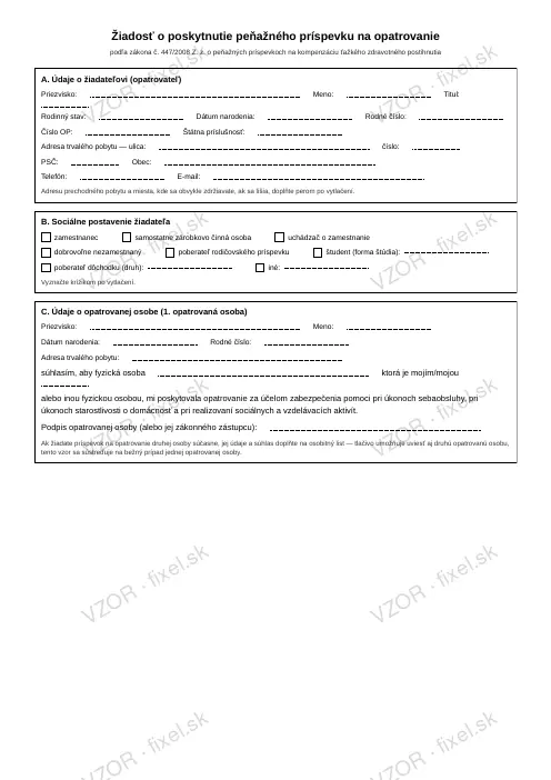 Žiadosť o peňažný príspevok na opatrovanie — PDF na stiahnutie