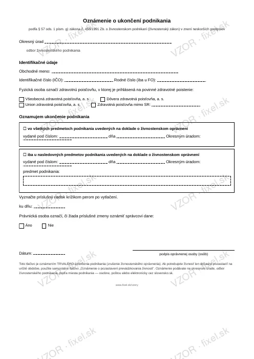 Oznámenie o ukončení podnikania (zrušenie živnosti) — PDF na stiahnutie