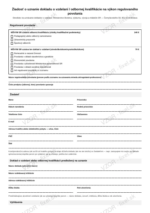Žiadosť o uznanie vzdelania alebo kvalifikácie pre regulované povolanie — PDF na stiahnutie