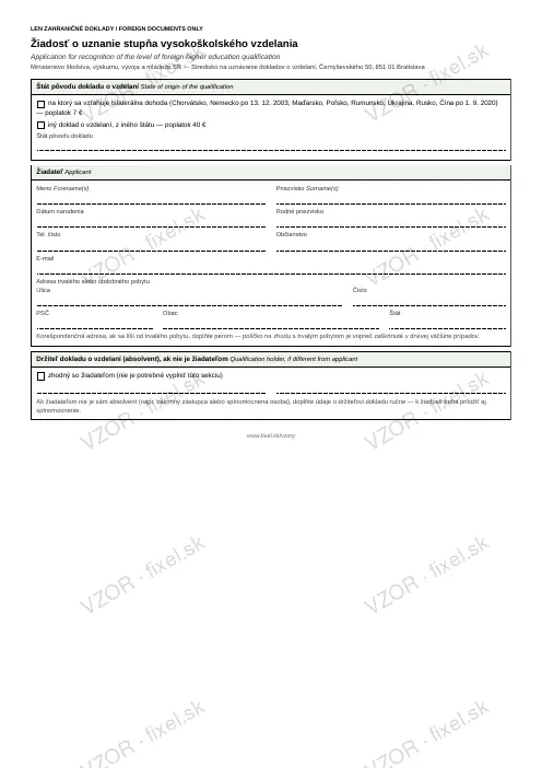 Žiadosť o uznanie stupňa vysokoškolského vzdelania — PDF na stiahnutie
