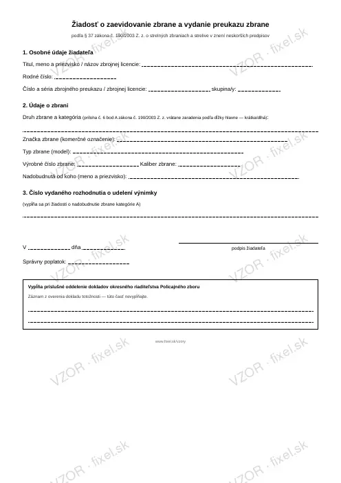Žiadosť o zaevidovanie zbrane a vydanie preukazu zbrane — PDF na stiahnutie