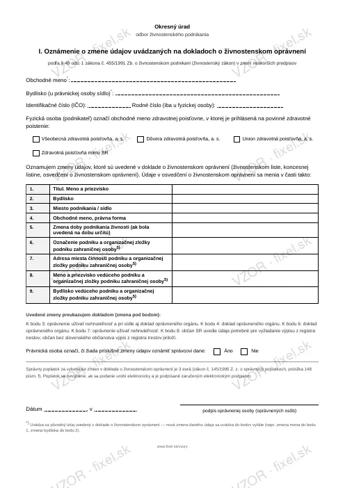 Oznámenie o zmene údajov na doklade živnostníka — PDF na stiahnutie