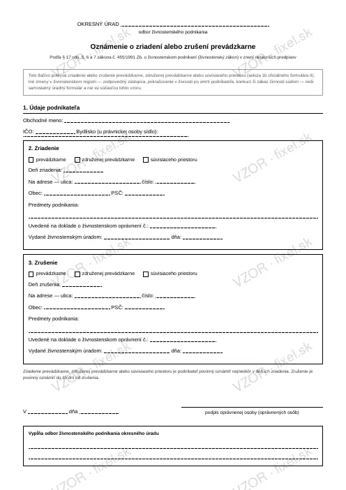 Oznámenie o zriadení alebo zrušení prevádzkarne — PDF na stiahnutie